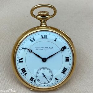 Circa 1915 Patek Philippe 45mm Open Face 18K Yellow Gold Pocket Watch, with 14k Gold Fob Chain and Original Patek Box.