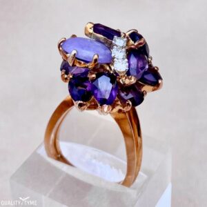 1960s La Triomphe 14K Gold Cluster Cocktail Ring set with Diamonds, Amethysts and Cabochon.